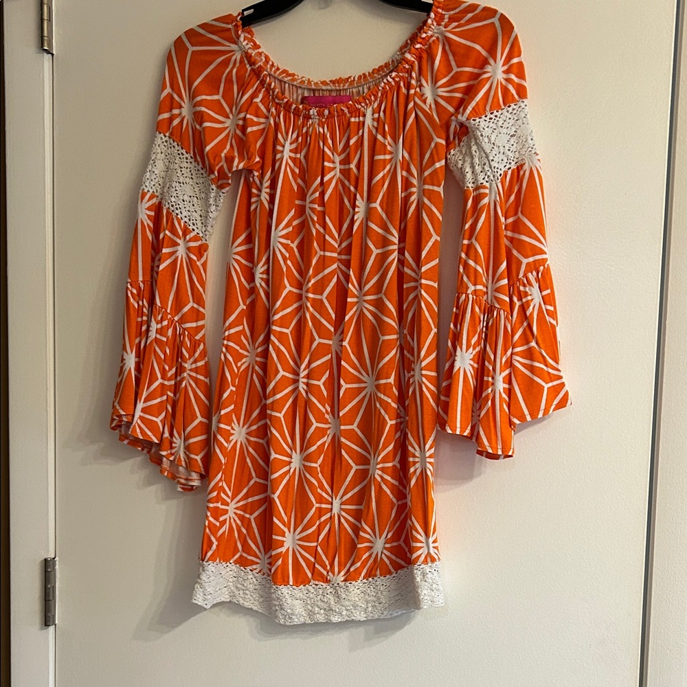 Women’s Orange Geometric Off-Shoulder Top with Lace Trim